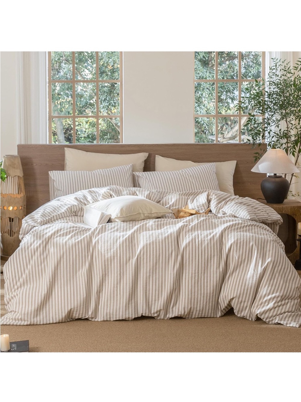 NEW MooMee Striped Duvet Cover Set 100% Washed Cotton Linen Like Texture. Full.
